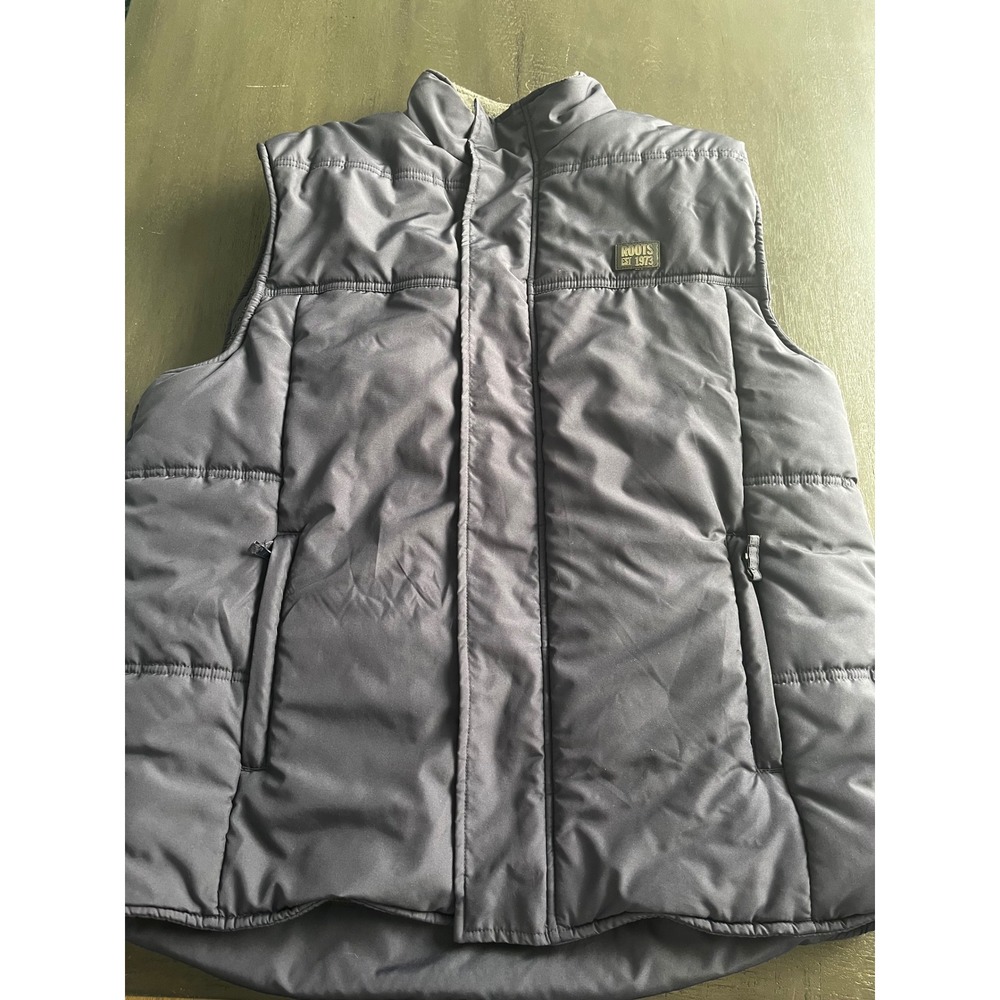 Roots‎ Est 1973 Mens Navy Blue Quilted Puffer Vest Fleece Lined Zip Snap Front